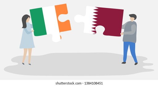 Couple holding two puzzles pieces with Irish and Qatari flags. Ireland and Qatar national symbols together.