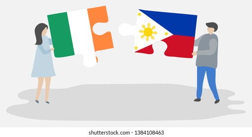 Couple holding two puzzles pieces with Irish and Filipino flags. Ireland and Philippines national symbols together.