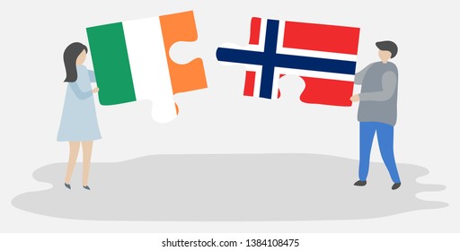 Couple holding two puzzles pieces with Irish and Norwegian flags. Ireland and Norway national symbols together.