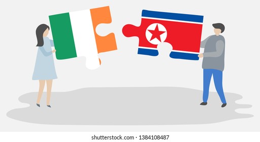 Couple holding two puzzles pieces with Irish and North Korean flags. Ireland and North Korea national symbols together.