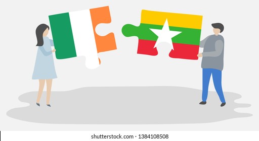 Couple holding two puzzles pieces with Irish and Burmese flags. Ireland and Myanmar national symbols together.