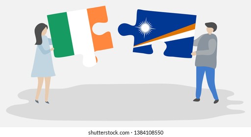 Couple holding two puzzles pieces with Irish and Marshallese flags. Ireland and Marshall Islands national symbols together.