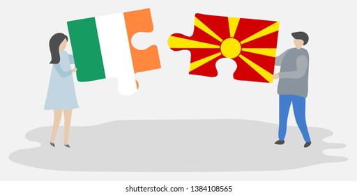 Couple holding two puzzles pieces with Irish and Macedonian flags. Ireland and Macedonia national symbols together.
