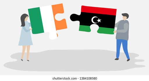 Couple holding two puzzles pieces with Irish and Libyan flags. Ireland and Libya national symbols together.