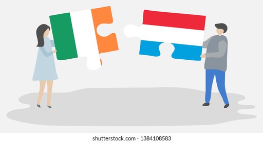 Couple holding two puzzles pieces with Irish and Luxembourgish flags. Ireland and Luxembourg national symbols together.