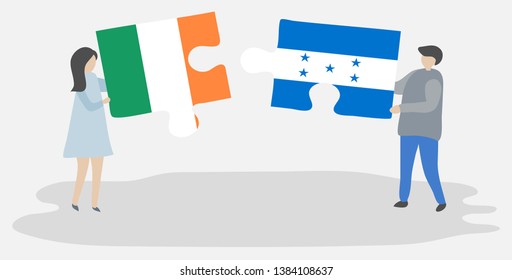 Couple holding two puzzles pieces with Irish and Honduran flags. Ireland and Honduras national symbols together.