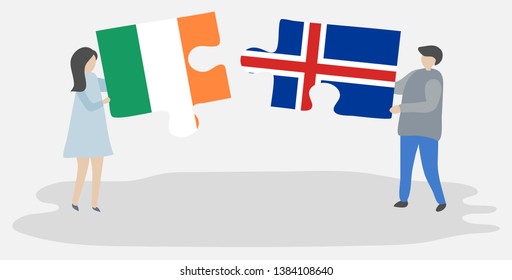 Couple holding two puzzles pieces with Irish and Icelandic flags. Ireland and Iceland national symbols together.