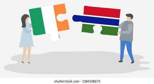 Couple holding two puzzles pieces with Irish and Gambian flags. Ireland and Gambia national symbols together.