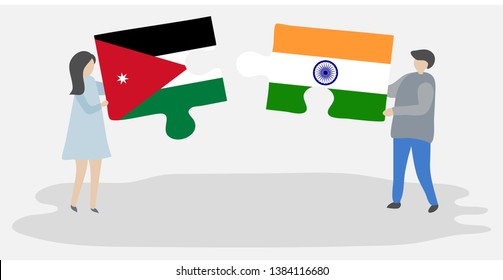 Couple holding two puzzles pieces with Jordanian and Indian flags. Jordan and India national symbols together.