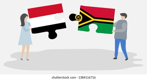 Couple holding two puzzles pieces with Yemeni and Vanuatuan flags. Yemen and Vanuatu national symbols together.