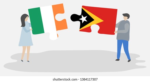 Couple holding two puzzles pieces with Irish and Timorese flags. Ireland and East Timor national symbols together.