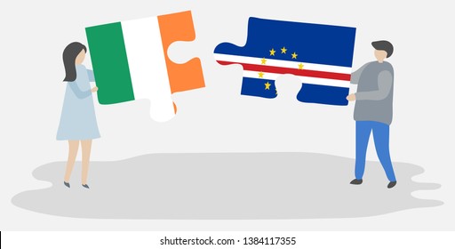 Couple holding two puzzles pieces with Irish and Cabo Verdean flags. Ireland and Cape Verde national symbols together.