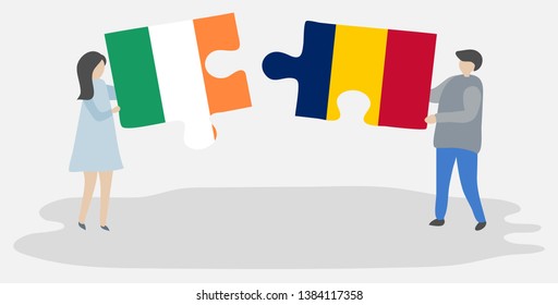 Couple holding two puzzles pieces with Irish and Chadian flags. Ireland and Chad national symbols together.