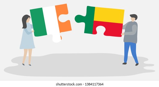 Couple holding two puzzles pieces with Irish and Beninese flags. Ireland and Benin national symbols together.