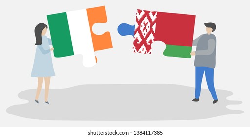 Couple holding two puzzles pieces with Irish and Belarusian flags. Ireland and Belarus national symbols together.