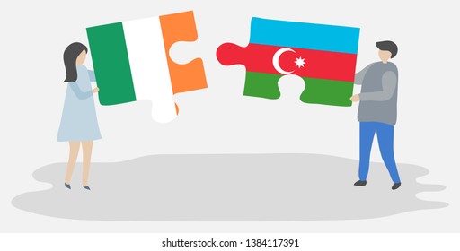 Couple holding two puzzles pieces with Irish and Azerbaijani flags. Ireland and Azerbaijan national symbols together.