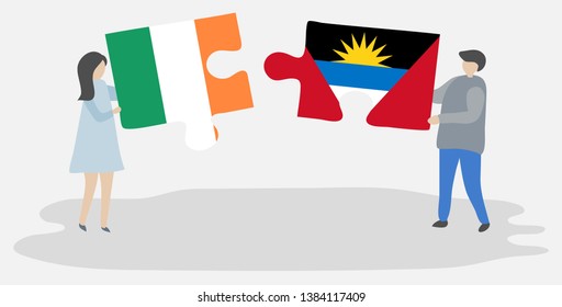 Couple holding two puzzles pieces with Irish and Antiguan flags. Ireland and Antigua and Barbuda national symbols together.