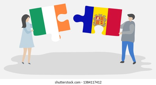 Couple holding two puzzles pieces with Irish and Andorran flags. Ireland and Andorra national symbols together.