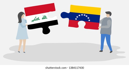 Couple holding two puzzles pieces with Iraqi and Venezuelan flags. Iraq and Venezuela national symbols together.