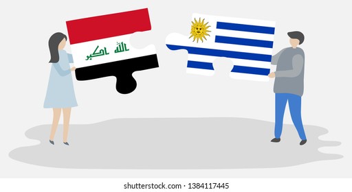 Couple holding two puzzles pieces with Iraqi and Uruguayan flags. Iraq and Uruguay national symbols together.
