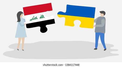 Couple holding two puzzles pieces with Iraqi and Ukrainian flags. Iraq and Ukraine national symbols together.