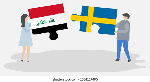 Couple holding two puzzles pieces with Iraqi and Swedish flags. Iraq and Sweden national symbols together.