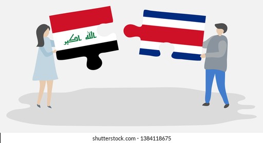 Couple holding two puzzles pieces with Iraqi and Costa Rican flags. Iraq and Costa Rica national symbols together.