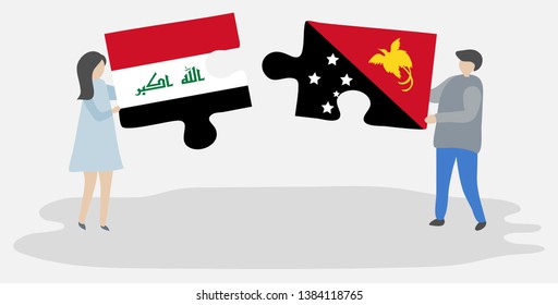 Couple holding two puzzles pieces with Iraqi and Papuan flags. Iraq and Papua New Guinea national symbols together.
