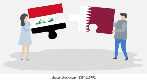 Couple holding two puzzles pieces with Iraqi and Qatari flags. Iraq and Qatar national symbols together.