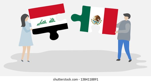 Couple holding two puzzles pieces with Iraqi and Mexican flags. Iraq and Mexico national symbols together.