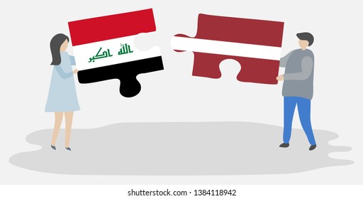 Couple holding two puzzles pieces with Iraqi and Latvian flags. Iraq and Latvia national symbols together.