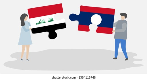 Couple holding two puzzles pieces with Iraqi and Lao flags. Iraq and Laos national symbols together.