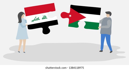Couple holding two puzzles pieces with Iraqi and Jordanian flags. Iraq and Jordan national symbols together.