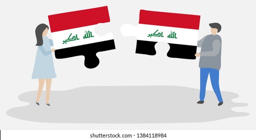 Couple holding two puzzles pieces with Iraqi and Iraqi flags. Iraq and Iraq national symbols together.