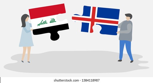 Couple holding two puzzles pieces with Iraqi and Icelandic flags. Iraq and Iceland national symbols together.