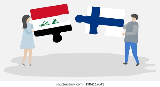 Couple holding two puzzles pieces with Iraqi and Finnish flags. Iraq and Finland national symbols together.