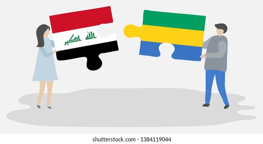 Couple holding two puzzles pieces with Iraqi and Gabonese flags. Iraq and Gabon national symbols together.