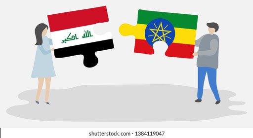 Couple holding two puzzles pieces with Iraqi and Ethiopian flags. Iraq and Ethiopia national symbols together.