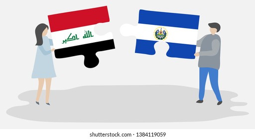 Couple holding two puzzles pieces with Iraqi and Salvadoran flags. Iraq and El Salvador national symbols together.
