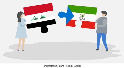 Couple holding two puzzles pieces with Iraqi and Equatorial Guinean flags. Iraq and Equatorial Guinea national symbols together.