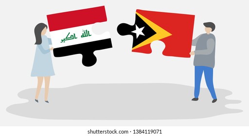 Couple holding two puzzles pieces with Iraqi and Timorese flags. Iraq and East Timor national symbols together.
