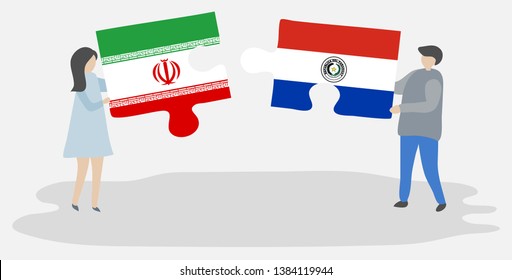 Couple holding two puzzles pieces with Iranian and Paraguayan flags. Iran and Paraguay national symbols together.
