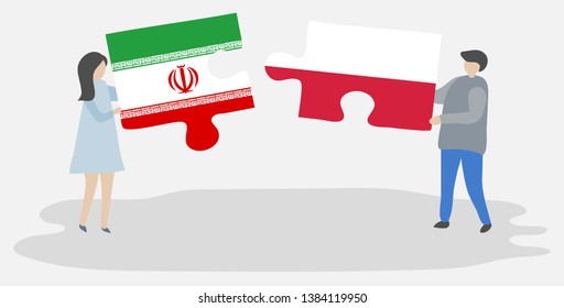 Couple holding two puzzles pieces with Iranian and Polish flags. Iran and Poland national symbols together.