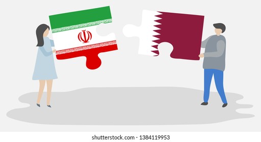 Couple holding two puzzles pieces with Iranian and Qatari flags. Iran and Qatar national symbols together.