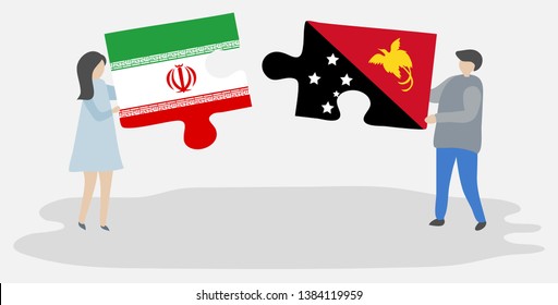 Couple holding two puzzles pieces with Iranian and Papuan flags. Iran and Papua New Guinea national symbols together.