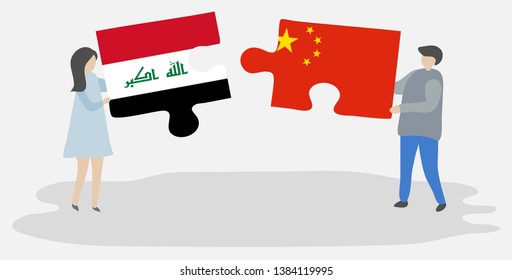 Couple holding two puzzles pieces with Iraqi and Chinese flags. Iraq and China national symbols together.