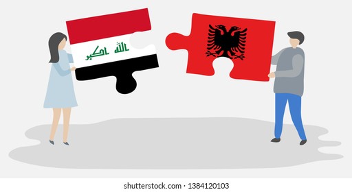 Couple holding two puzzles pieces with Iraqi and Albanian flags. Iraq and Albania national symbols together.