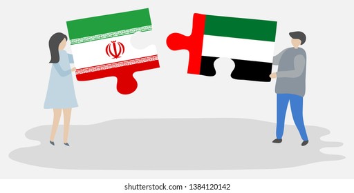 Couple holding two puzzles pieces with Iranian and Emirian flags. Iran and United Arab Emirates national symbols together.