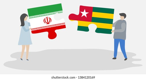 Couple holding two puzzles pieces with Iranian and Togolese flags. Iran and Togo national symbols together.