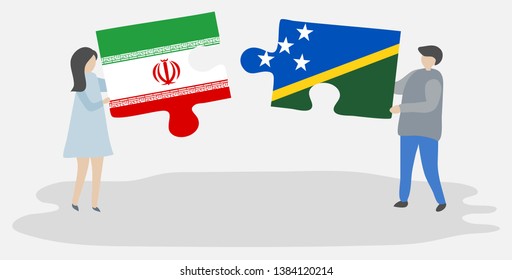 Couple holding two puzzles pieces with Iranian and Solomon Island flags. Iran and Solomon Islands national symbols together.